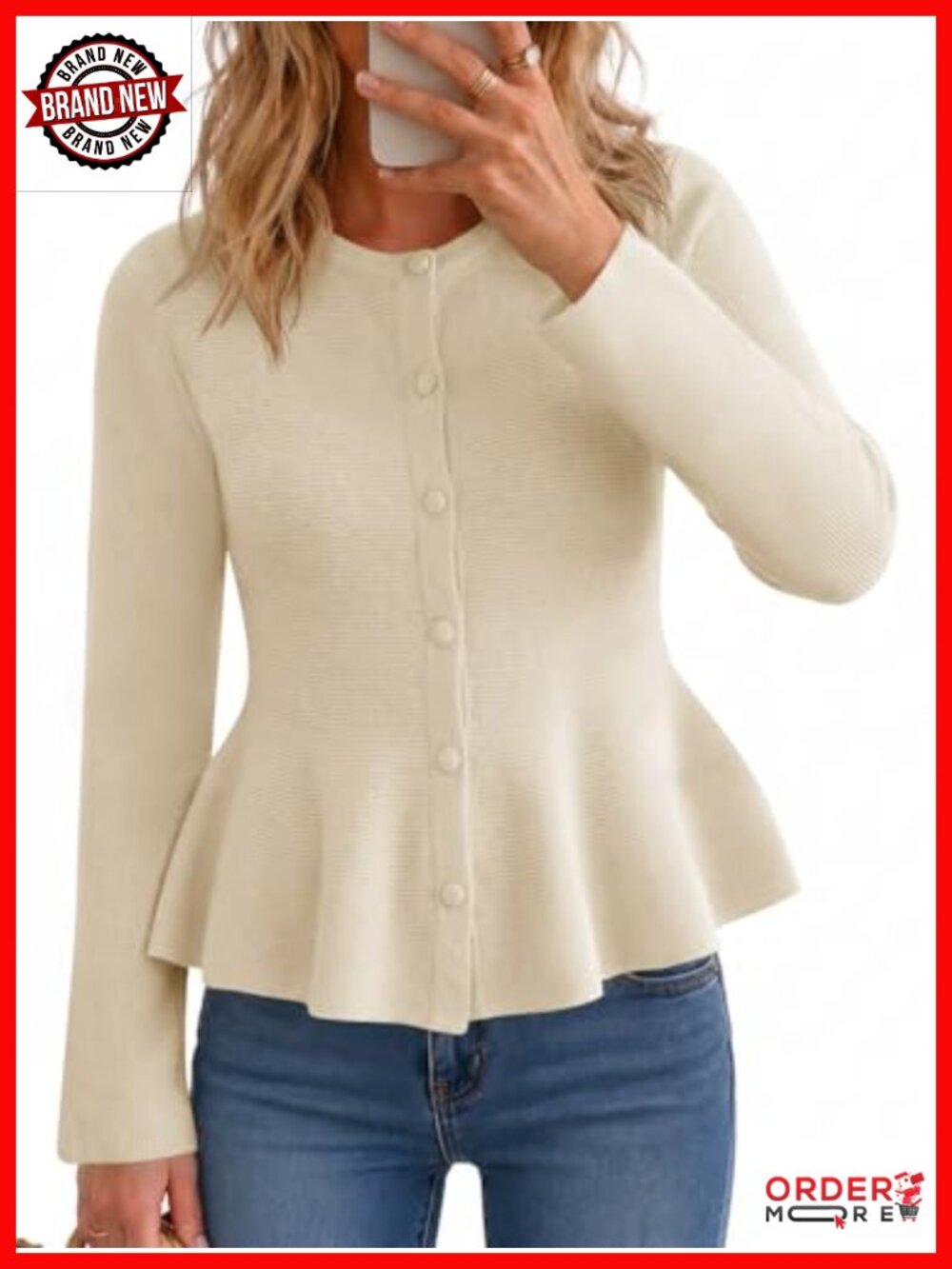 Womens Peplum Cardigan Ruffle Hem Button Down Crop Knit Sweater